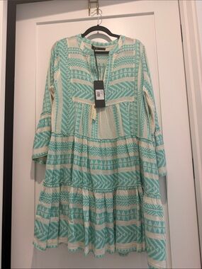 Devotion Greek Minidress in Aqua and Cream